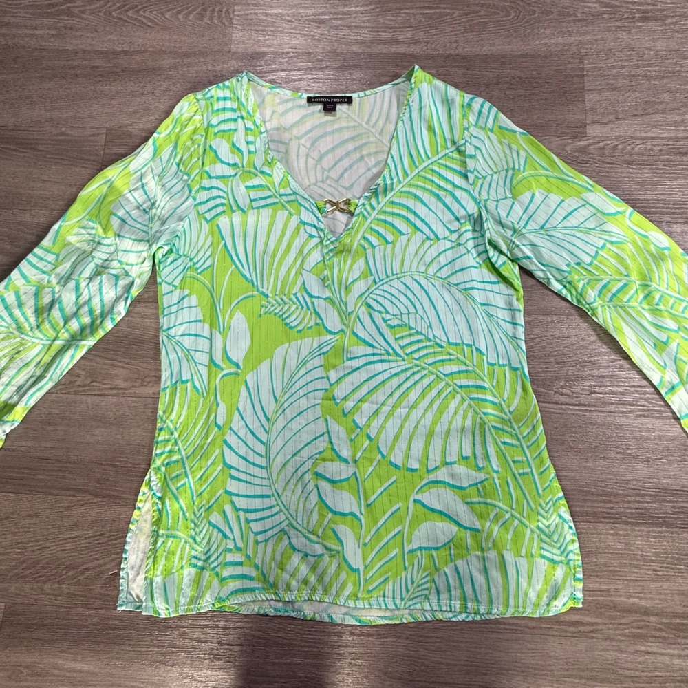 Boston Proper Palm Leaf Print Tunic Top Green Blue Metallic Lurex V-Neck Medium